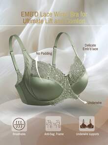 DesireSculpt 1pc Plus Size Solid Color Ultrafine Mesh Lace Soft Embroidered Underwire Bra - Olive Green - View 3