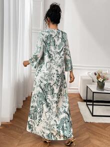 SHEIN Najma Đầm dáng rộng thanh lịch kiểu dáng nghỉ dưỡng, cổ chữ V, in họa tiết, thiết kế kín đáo, phù hợp cho mùa xuân và mùa thu. - màu xanh lá - Xem 2