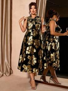 Cravure Plus Size Women's Elegant Party Floral Print Sleeveless Dress - Black - View 5