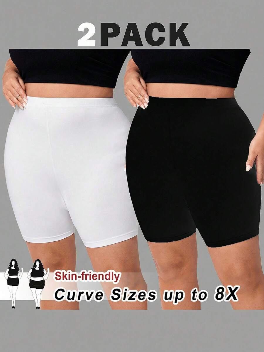 SHEIN CURVE+ 大码休闲纯色打底裤,夏季/乡村/海滩度假装/海滩装/沙滩服饰 - 黑與白 - 查看 1