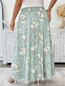 Elenzga 大码女士优雅印花系带蝴蝶结A字裙，适合休闲度假 - 綠色 - 查看 8