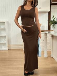 SHEIN Maternity Tank Top Paired With Adjustable Waist Slit Skirt, Solid Color Fitted 2 Pieces Set - Brown - View 8