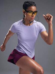 Powerista Solid Color Round Neck Fitted Comfortable Short Sleeve Sports T-Shirt - Mauve Purple - View 4
