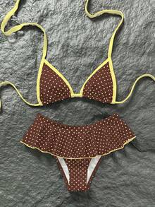 Swim Mod Ensemble de bikini à imprimé pois rétro rouge et blanc pour femmes, Top de bikini triangle sexy à bordure contrastée et mini-jupe, maillot de bain vintage sexy et à la mode pour les vacances - Multicolore - Voir 2