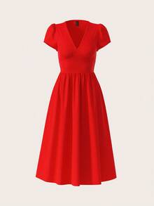 SHEIN Clasi Vestido elegante de mujer de unicolor con cuello en V, dobladillo con volantes, corte evasé hasta media pierna con bolsillos laterales - Atuendo de verano para mujer / Ropa de verano / Atuendos para conciertos / Atuendos para conciertos en el campo / Atuendos para festivales / Atuendos para Nashville / Atuendos para Ibiza / Vestido de Pascua / Atuendo de Pascua / Ropa elegante de vacaciones casual bohemia / Vestido de graduación / Vestido de graduación blanco / Vestido de fiesta / Atuendos para brunch / Vestido de boda para invitada / Ropa de iglesia para mujer / Bonitos vestidos de mujer elegantes y de clase - Rojo - Ver 7