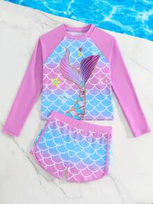SHEIN 少女坦克比基尼套装，美人鱼印花无袖比基尼套装，纯色长袖泳装，可爱鱼鳞印花短裤泳装套装，适合夏季海滩度假、游泳池、假日派对 - 紫色 - 查看 3