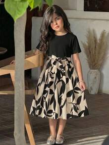 SHEIN Đầm mùa xuân hè cho bé gái/Phong cách retro thanh lịch/Đầm dệt kim đen cổ tròn tay ngắn/Viền họa tiết da báo phối hợp/Đầm eo - Màu be - Xem 3