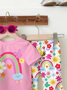 SHEIN Set 2 buc. fete, casual, drăguț, cu imprimeu floral, fețe, curcubeu, insecte, fluturi, decolteu rotund, mânecă scurtă, top și pantaloni evazați, potrivit pentru vară, primăvară/vară, vacanță, buline, Y2K, haine pentru bebeluși, seturi, stiluri confortabile de primăvară și vară, confort ușor, confortabil, kawaii, grafic, fluture, buburuză, curcubeu, glamorique kids, roz - Multicolor - Vizualizare 5