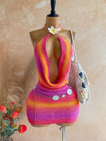 Soleia Women's Plunging Neck Backless Tie-Up Knit Summer Dress