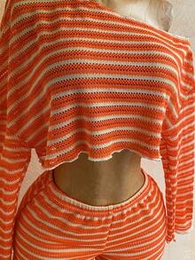 Soleia Women's Striped Asymmetrical Shoulder Long Sleeve Top And Shorts Casual 2-Piece Set - Multicolor - View 6