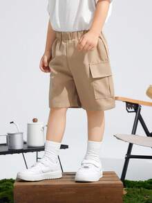 SHEIN 3入組年輕男孩休閒舒適時尚簡約實用軟身短褲，帶徽章和腰帶裝飾，適用於春夏日常穿著、上學、旅行和運動 - 彩色 - 查看 7