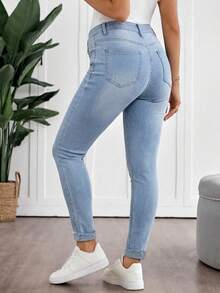 SHEIN 孕妇撞色腰带环修身休闲牛仔裤 - 淺色水洗藍 - 查看 2