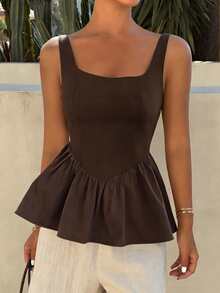 DAZY Women's Solid Color Square Neck Waist Splice Ruffle Hem Zipper Elegant Summer Vacation Camisole Babydoll Top - Brown - View 9