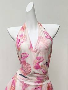 Femesol Gaun Wanita Musim Panas Boho Tropis Warna Pink Muda untuk Liburan Pantai, Motif Kerang dan Bintang Laut, Leher V Dalam, Tali Ikat di Belakang, Hem Berumbai, Patchwork, Gaun Mini Berumbai - Berwarna merah muda - View 5