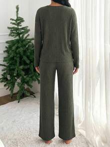 Letter Printed Ribbed Knit Loungewear Set - Dark Green - View 2