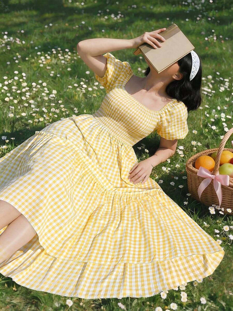 Lyrianda Vestido casual de vacaciones de manga corta a cuadros verdes para mujer de talla grande - Amarillo - Ver 1