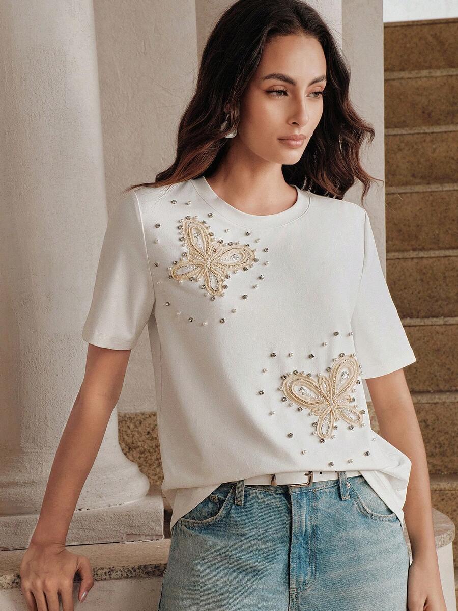 Anewsta Solid Color Minimalist Beaded Butterfly Rhinestone Decor Round Neck Short Sleeve Women's T-Shirt - White - View 1