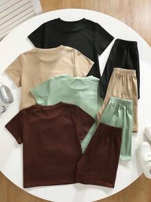 SHEIN 8件套男童舒适休闲日常百搭压纹字母短袖T恤短裤套装，适合春夏季节日常穿着、运动、郊游、上学、聚会、节日、拍照、返校季等场合。 - 彩色 - 查看 3