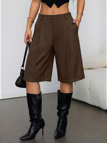 SHEIN PETITE Spring Minimalist Commuter Grey Bermuda Shorts For Women - Brown - View 7