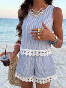 Breezaya Bộ trang phục mùa hè năng động dành cho nữ, mặc hàng ngày và đi nghỉ mát, áo croptop không tay kẻ sọc phối cùng quần short rộng rãi thoải mái kẻ sọc viền chấm bi, set đồ dự tiệc ngày lễ giản dị - Xanh và trắng - Xem 3
