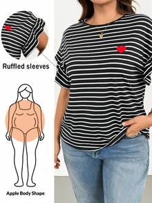 Shapeblank Áo thun ngắn tay kẻ sọc màu đen xếp ly thêu hình trái tim, thời trang xuân hè dành cho nữ cỡ lớn, kiểu dáng thoải mái, dễ mặc hàng ngày, đa năng, tôn dáng, thích hợp cho trang phục mùa hè, phong cách đơn giản, áo đi chơi, phong cách mùa hè châu Âu. - màu đen - Xem 7