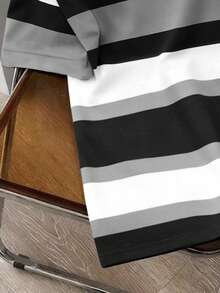 Manfinity Joysei Black & Grey Contrast Striped Plus Size Men's Polo Shirt, French Minimalist Style, Essential Piece For Stylish Men, Suitable For Casual And Business Occasions, Effortlessly Exudes Sophistication - Multicolor - View 4