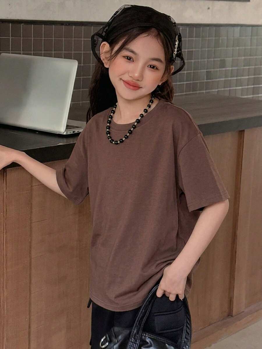 Dazy Kids 少女休闲日常通勤简约纯色宽松落肩T恤，夏季 - 棕色 - 查看 1