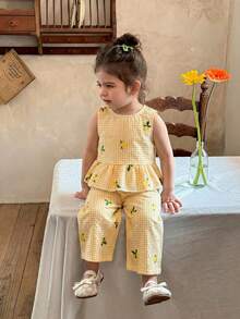 LMoss Kids 女婴格纹荷叶边休闲衬衫和宽松阔腿裤套装 - 彩色 - 查看 1