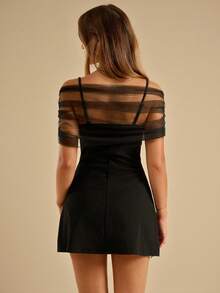 SHEIN BAE 春夏女士短袖薄纱披肩领A字迷你连衣裙，黑色连衣裙，优雅连衣裙，伴娘迷你连衣裙，生日派对连衣裙，返校/毕业连衣裙，婚礼宾客礼服，度假，夏季假日服装，女士优雅连衣裙 - 黑色 - 查看 2