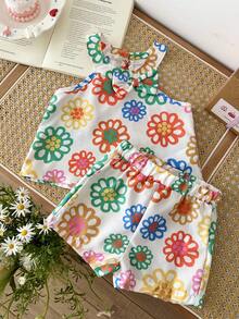 SHEIN 女嬰 6個月-3歲 2件/套 白色夏季可愛度假優雅花卉印花無袖荷葉邊上衣與短褲休閒寬鬆套裝 - 彩色 - 查看 8
