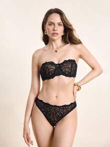 Hourtrue Conjunto de lencería sexy con sujetador con aros y calzones de encaje y parches para mujer - Negro - Ver 6