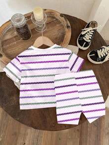 SHEIN 2pcs/Set Striped & Floral Print Girls Toddler Round Neck Short Sleeve Top And Leggings Set, Casual Fashion, Suitable For Spring & Summer - White - View 5