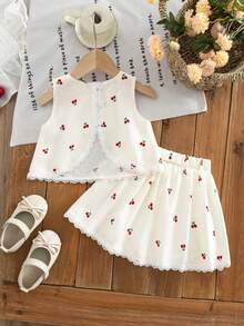 Emery Rose Kids Emery Rose Kids 女婴樱桃印花撞色蕾丝吊带背心和迷你裙套装，夏季 - 白色 - 查看 2