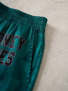 LOONEY TUNES X SHEIN Men's Elastic Waist Letter & Cartoon Print Casual Shorts, Summer - Dark Green - View 4
