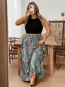 SHEIN CURVE+ Chân váy cỡ lớn in họa tiết toàn thân, cạp chun, thích hợp cho các dịp lễ hội, đám cưới, đi học. - Nhiều màu - Xem 7