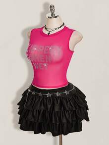 SHEIN ICON 加大码 Y2k 夏季黑色网纱透视性感水钻亮片女士水钻字母网纱露背紧身吊带背心 - 玫紅色 - 查看 4
