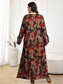 SHEIN Najma CURVE Plus Size Women Floral Print Tie Neck Long Sleeve Loose Arabic Style Dress - Red - View 3
