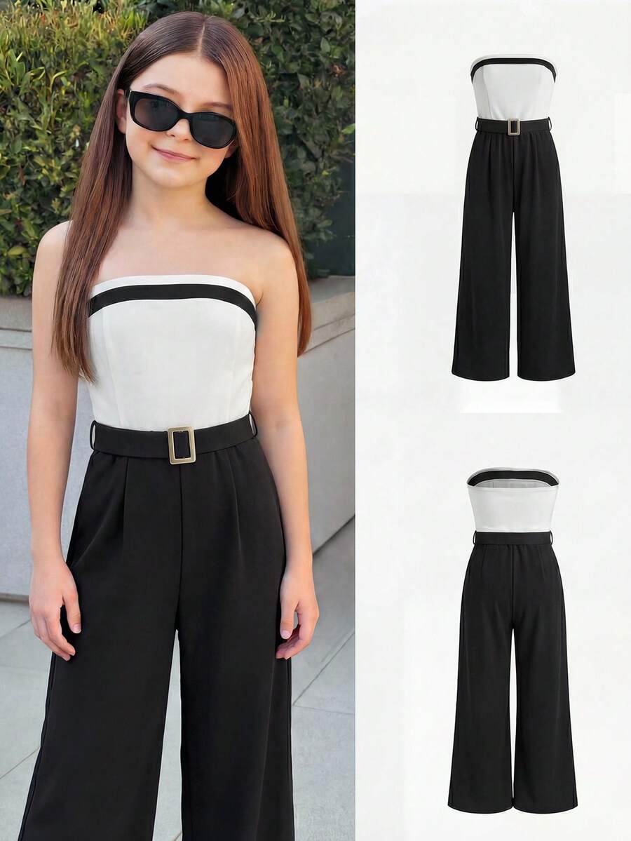 Bộ áo liền quần hai dây đơn sắc thời trang mùa hè cho bé gái, có thắt lưng, quần ống rộng không tay, thích hợp mặc hàng ngày, dự tiệc hoặc đi làm. - màu đen - Xem 1
