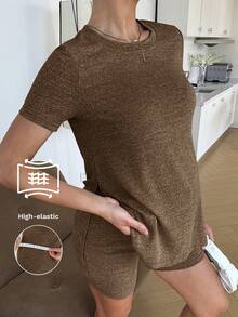 Slowluna 2pcs Maternity Casual Round Neck Short Sleeve Split Hem T-Shirt And Adjustable Waist Shorts Set - Brown - View 2