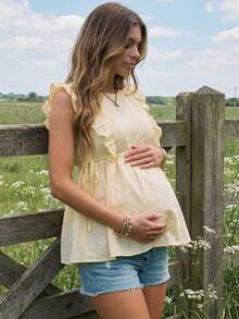 Boho Mama 孕妇度假休闲纯色荷叶边无袖上衣 - 芥末黃 - 查看 3