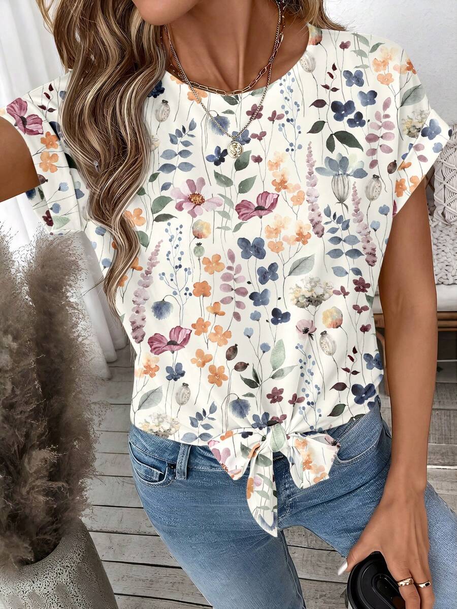 EMERY ROSE 女士印花夏季上衣：可爱系带T恤，适合休闲外出，女士休闲外套 - 彩色 - 查看 1