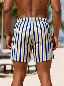 Manfinity KASUA Men's Blue And White Striped Summer Tropical Holiday Pool Party Vacation Swim Trunks,Drawstring Waist Slant Pocket Loose Casual Beach Shorts Suits - Multicolor - View 2