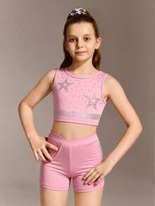 2pcs/Set Tween Girls' Round Neck Cropped Tank Top With Rhinestone Decor On Front, And Elastic Waist Rhinestone Decorated Sports Shorts, Stretchy And Soft For Running, Cycling, Workout, Casual Wear - Pink - View 4