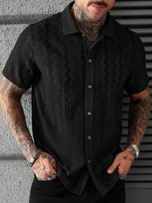 Manfinity CasualCool Kemeja Lengan Pendek Polos Kasual Pria, Musim Panas - Hitam - View 7