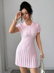 Elenzga Light Pink Summer Cute Brunch Polo Collar Knit Dress,Youthful College Style Textured Rib Knit A-Line Dress With Embroidery,Half-Placket Button Decor - Pink - View 5