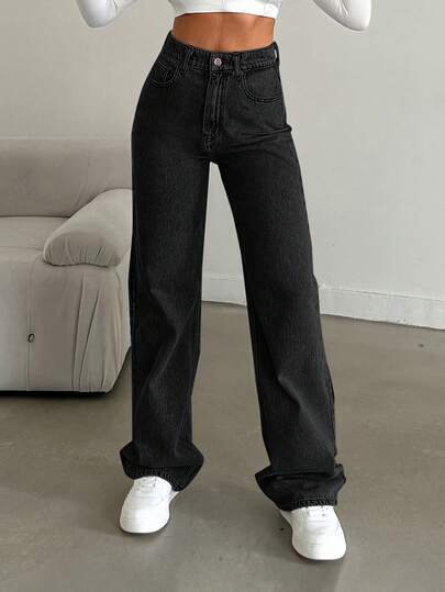 SHEIN Jean droit décontracté taille haute petite taille