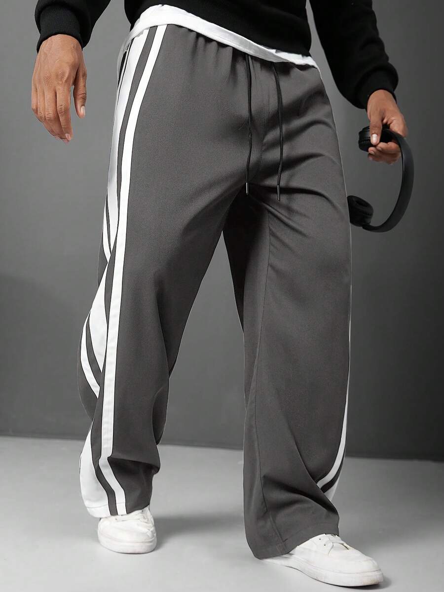 Manfinity Homme Plus Size Striped Drawstring Casual Loose Straight Pants, Versatile For Daily Wear - Grey - View 1