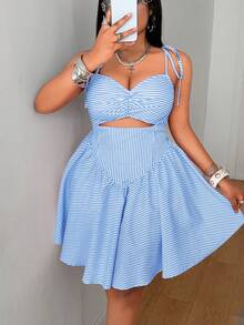 Maweii Plus Size Summer Casual Striped Hollow Out Camisole Dress - Blue - View 4