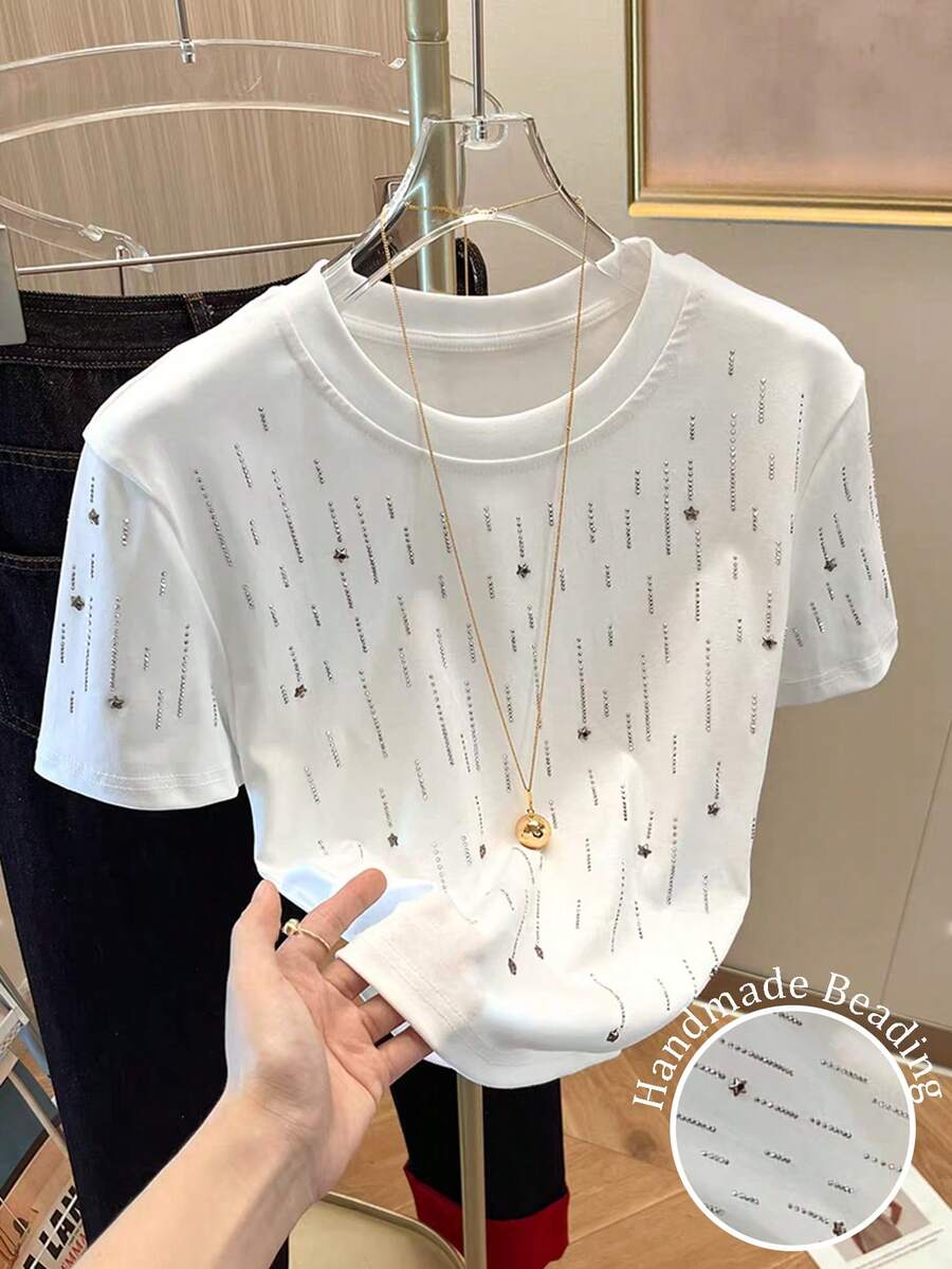 Resyla Camiseta casual de mujer blanca con diamante de imitación / Verano - Blanco - Ver 1