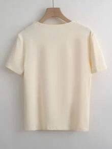 SHEIN Franclia 从春季到夏季，夏季新款上衣：情人节优雅女式上衣，杏色上衣，T恤，圆领，珠饰，短袖，修身，纯色女式T恤。 - 米色 - 查看 4